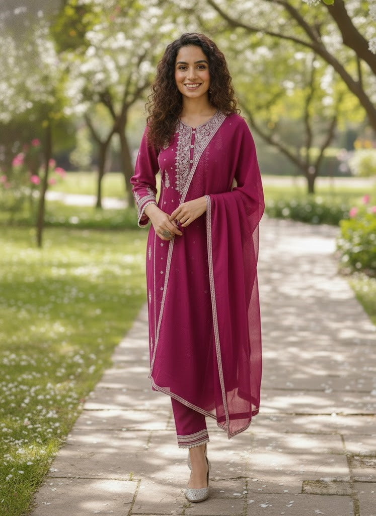 Purple Ethnic Motif Embroidered Straight Kurta & Trousers With Dupatta