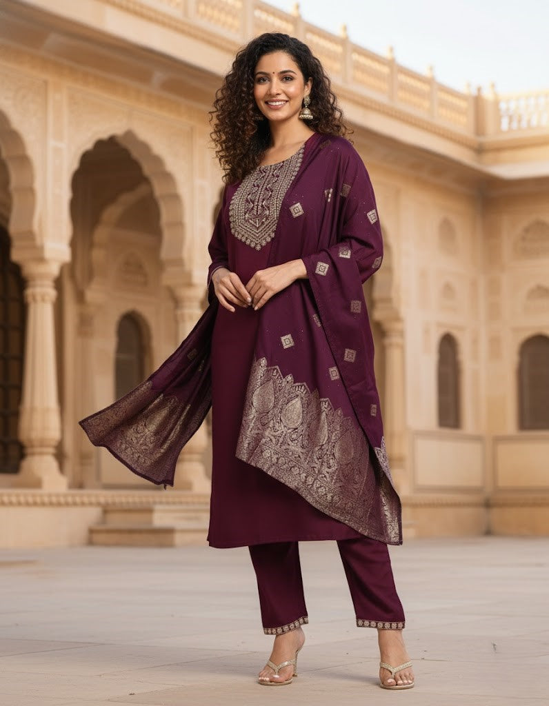 Ethnic Motifs Straight Kurta & Trousers With Dupatta