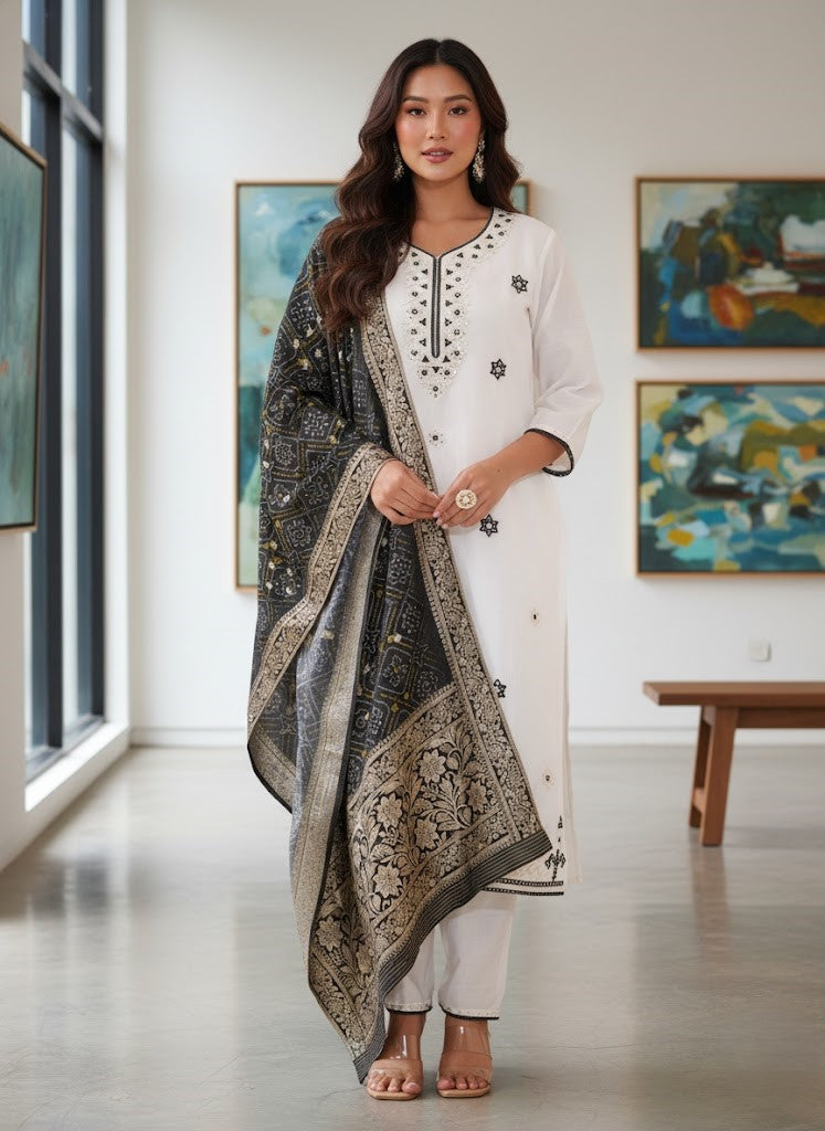 Floral Embroidered Thread Work Chanderi Silk Kurta With Trousers & Dupatta