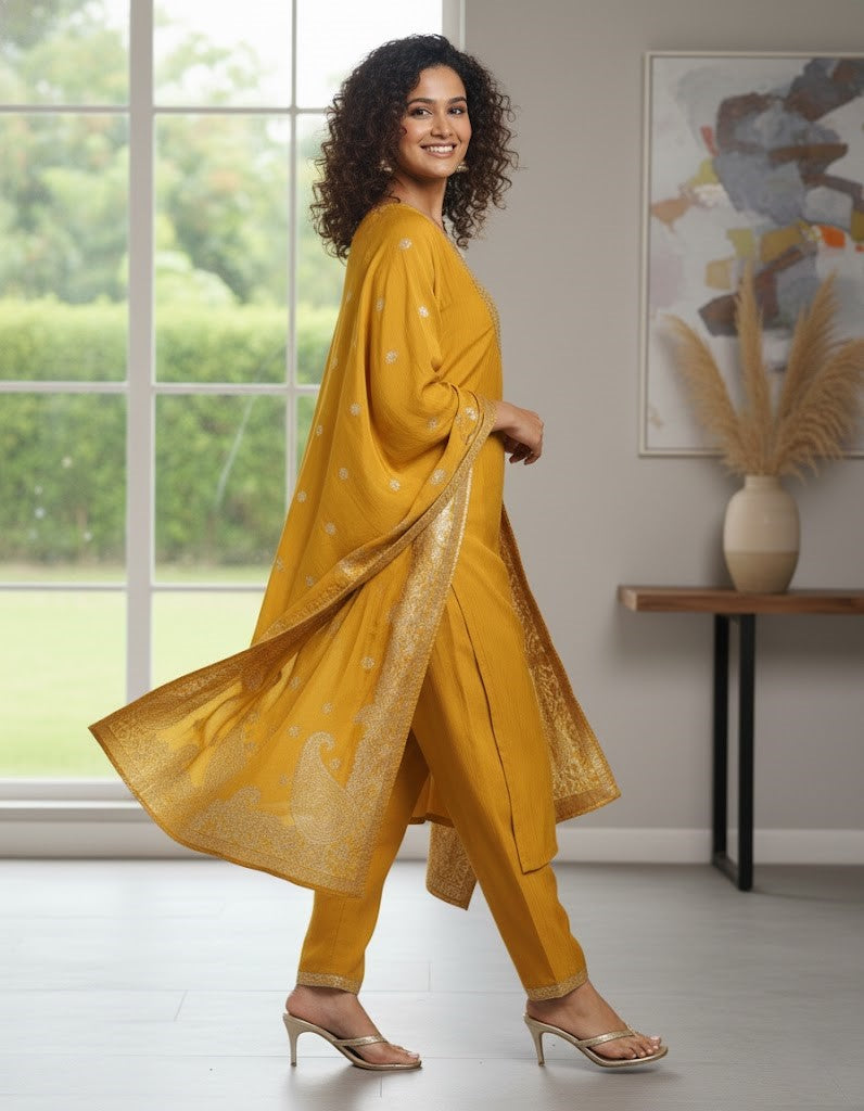 Yellow Ethnic Motifs Straight Kurta & Trousers With Dupatta