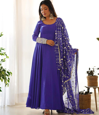 Embroidered Georgette Stitched Anarkali Gown With Dupatta