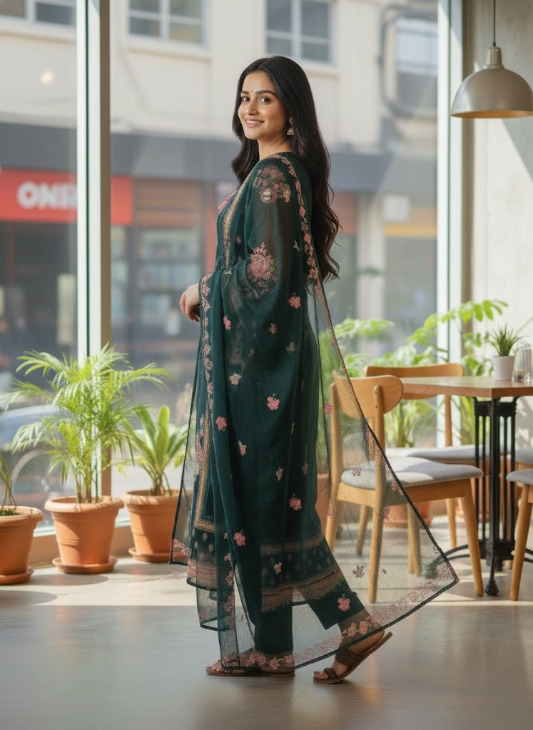 Yoke Design Printed Tie-Up Neck Straight Kurta With Trouser & Dupatta