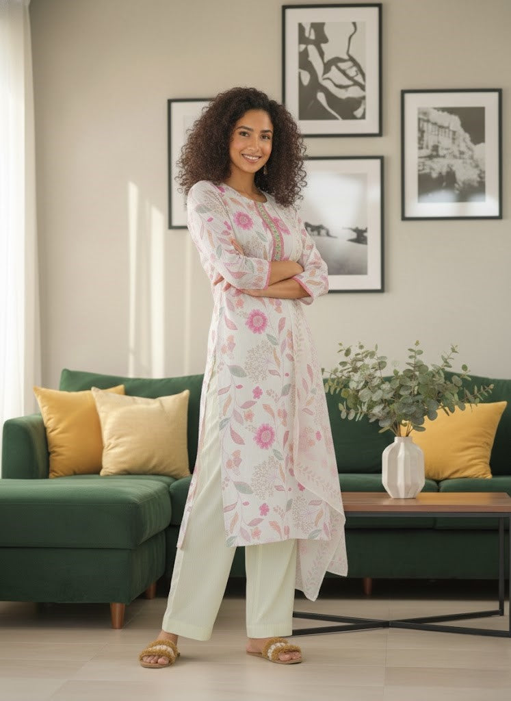 Floral Printed Pleated A-Line Kurta With Palazzos & Dupatta