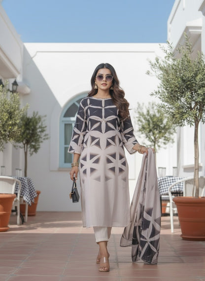 Abstract Printed Kurta & Trousers With Dupatta