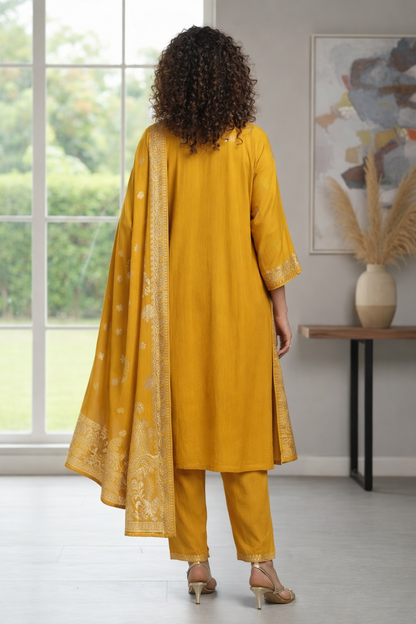 Yellow Ethnic Motifs Straight Kurta & Trousers With Dupatta