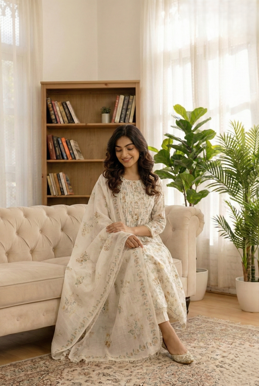 Off White Floral Printed Round Neck A-Line Kurta Trouser & Dupatta Set