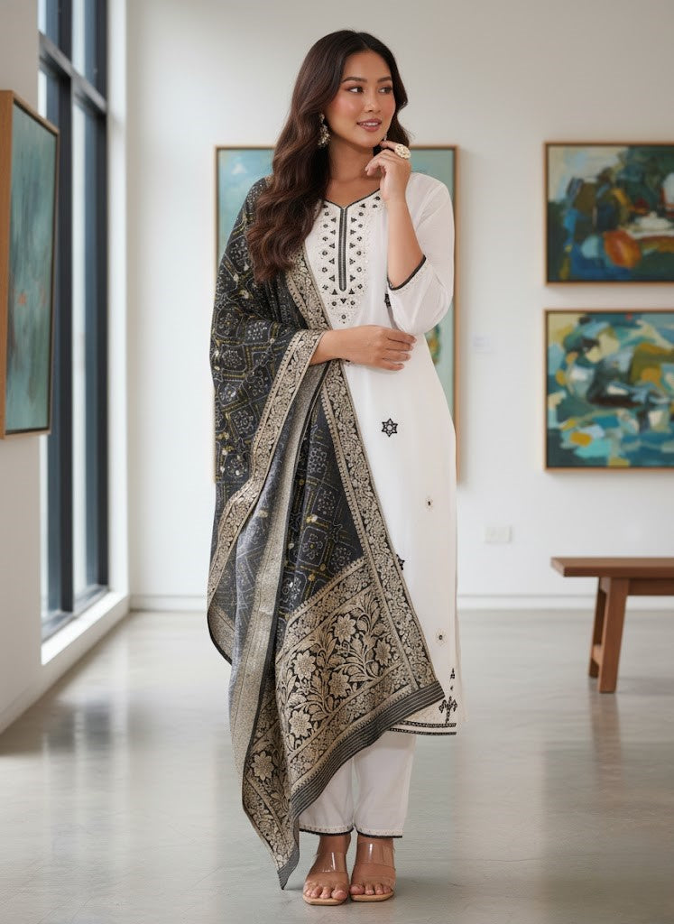 Floral Embroidered Thread Work Chanderi Silk Kurta With Trousers & Dupatta