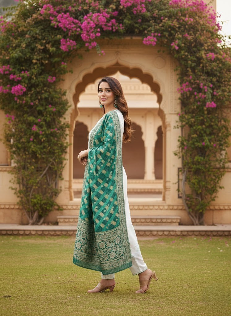 Women Embroidered Mirror Work Straight Kurta & Trouser With Dupatta