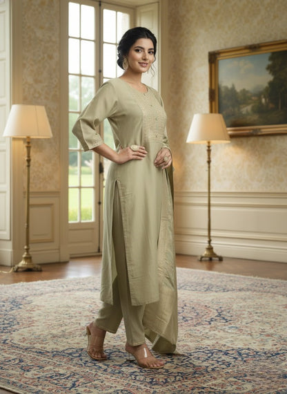 Women Ethnic Motifs Embroidered Straight Kurta With Trousers & Dupatta