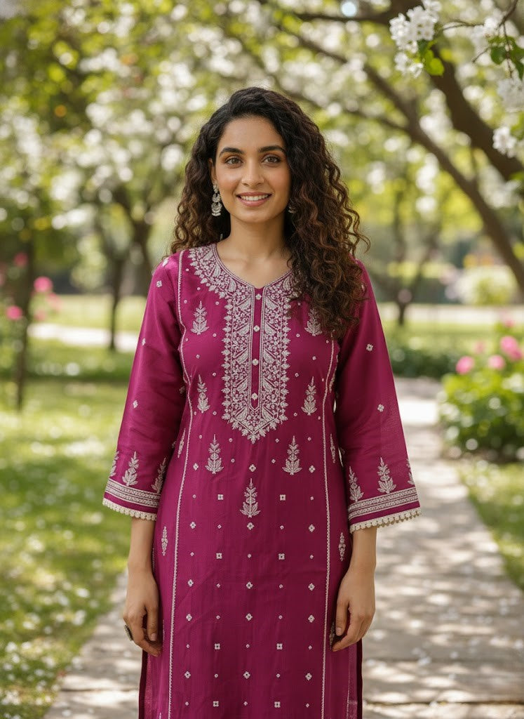 Purple Ethnic Motif Embroidered Straight Kurta & Trousers With Dupatta