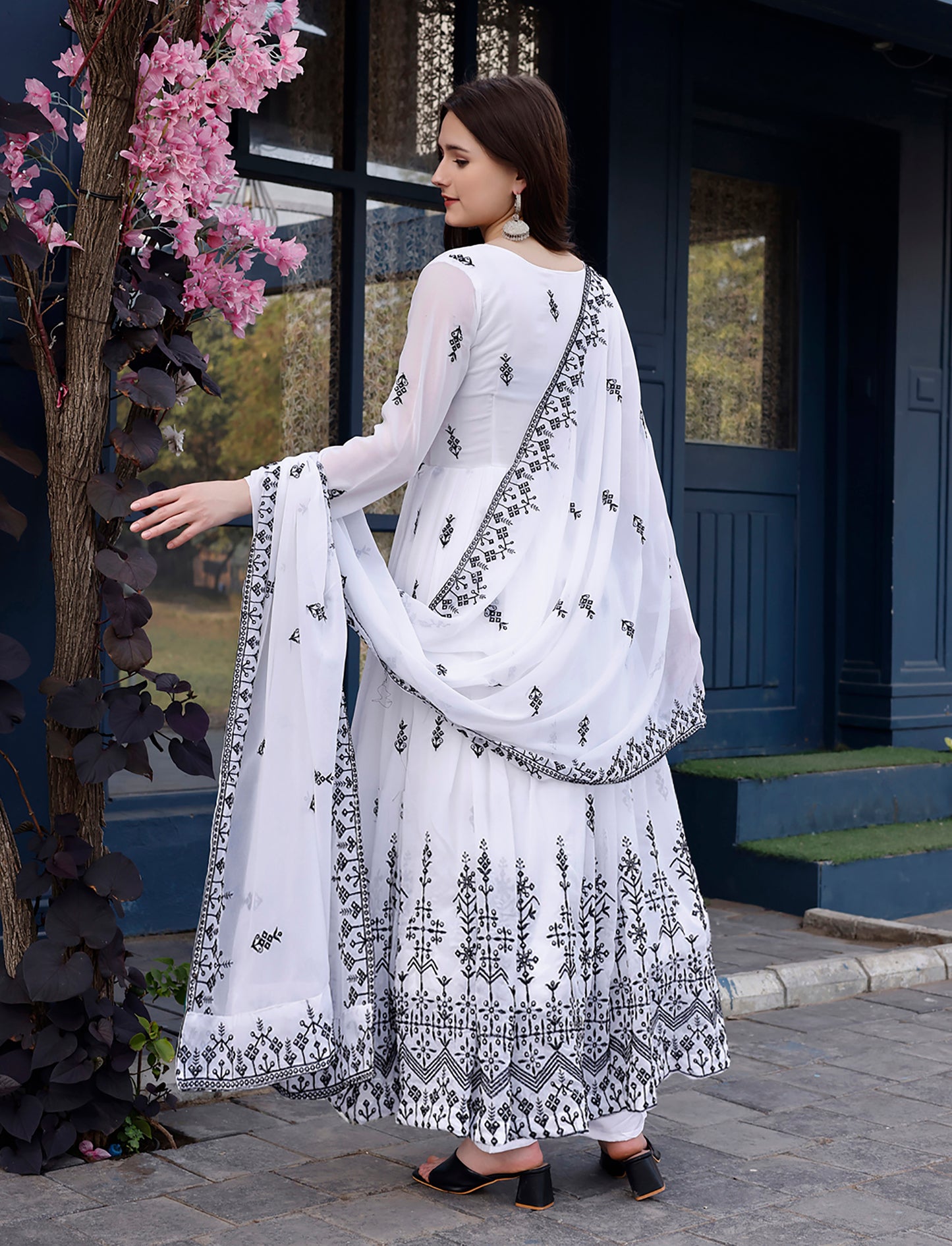 Embroidered Georgette Stitched Anarkali Gown With Dupatta