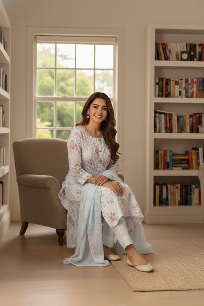 Floral Printed Linen A-Line Kurta With Trousers & Dupatta