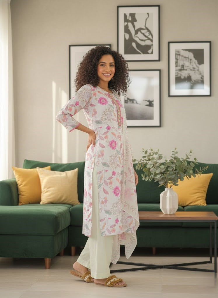 Floral Printed Pleated A-Line Kurta With Palazzos & Dupatta