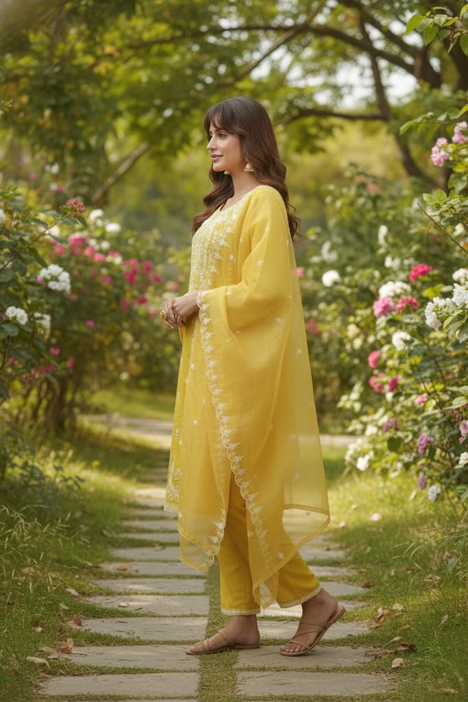 Floral Embroidered Straight Kurta With Trousers & Dupatta