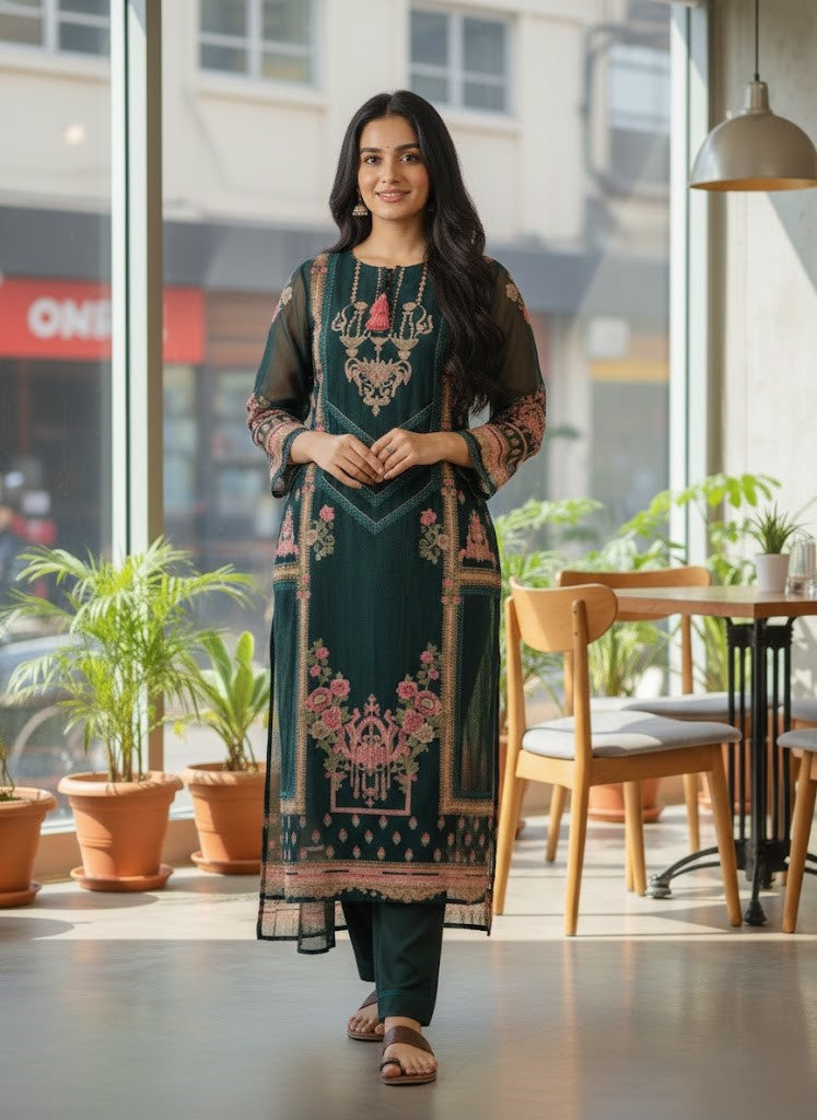 Yoke Design Printed Tie-Up Neck Straight Kurta With Trouser & Dupatta