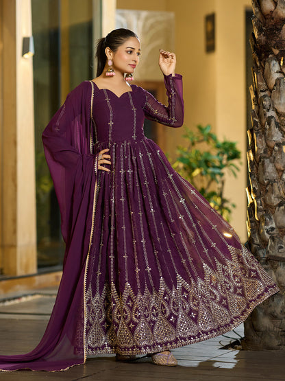 Embroidered Georgette Stitched Anarkali Gown With Dupatta