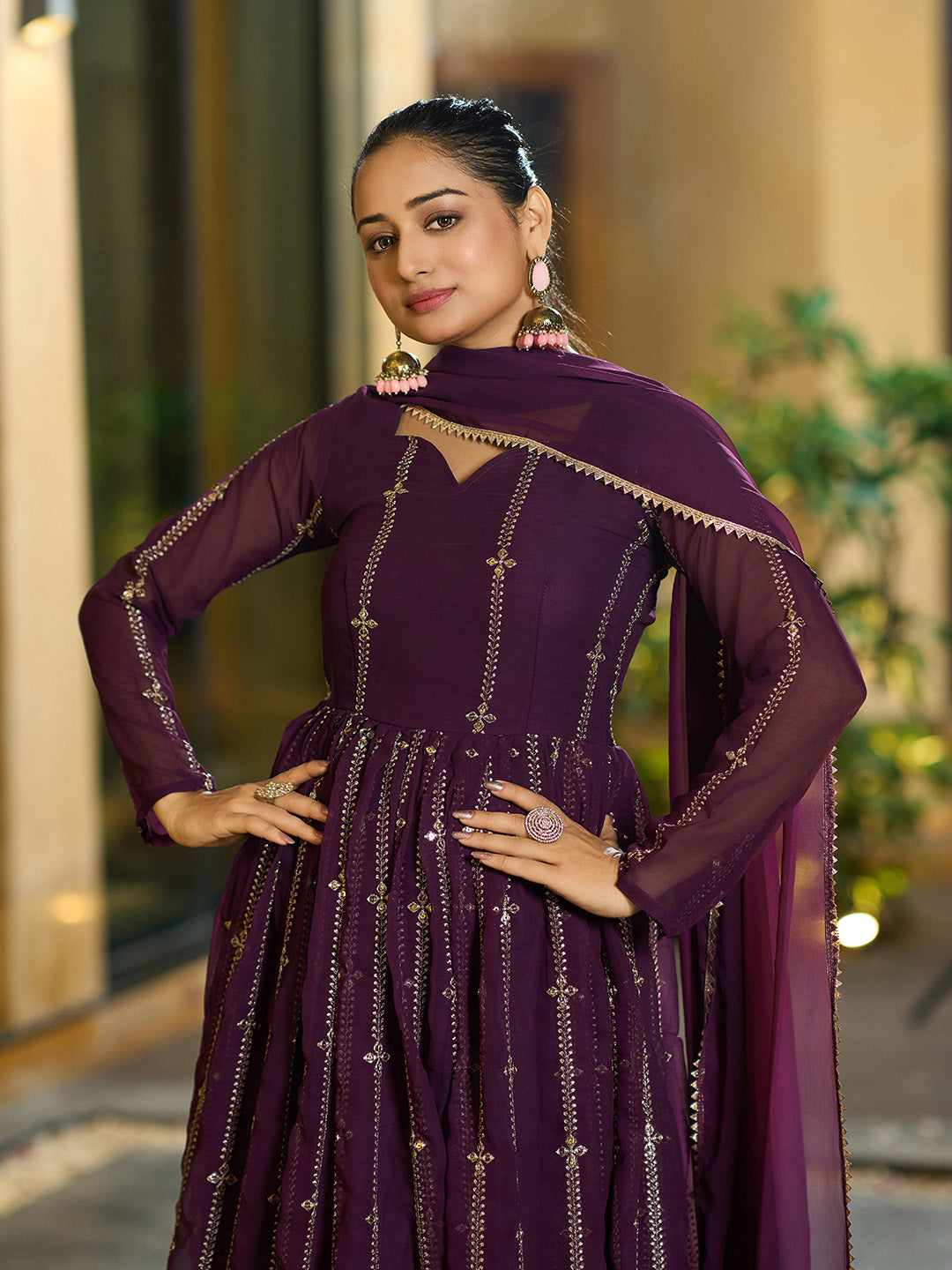 Embroidered Georgette Stitched Anarkali Gown With Dupatta