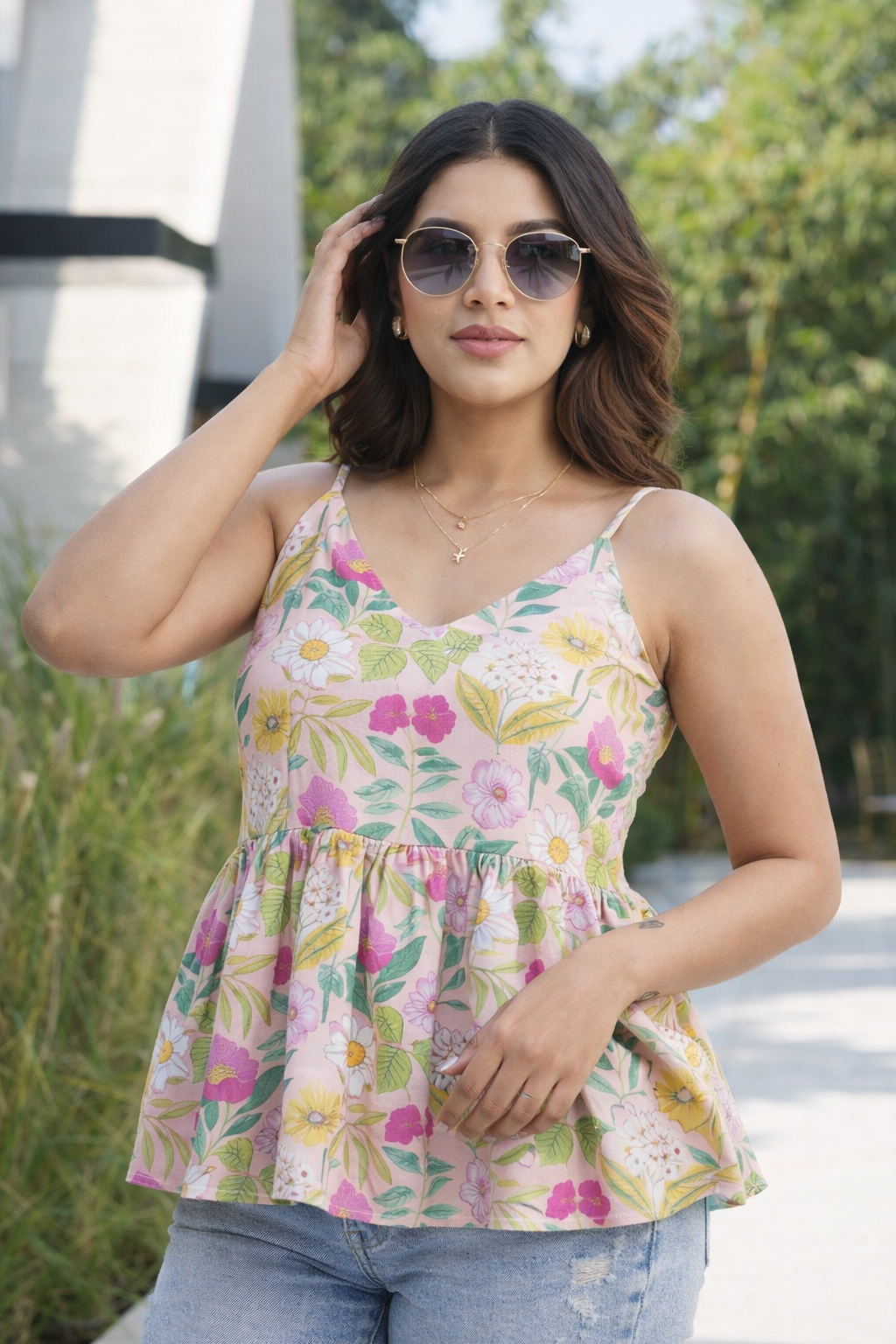Tropical Floral Print Cotton Peplum Cami Top