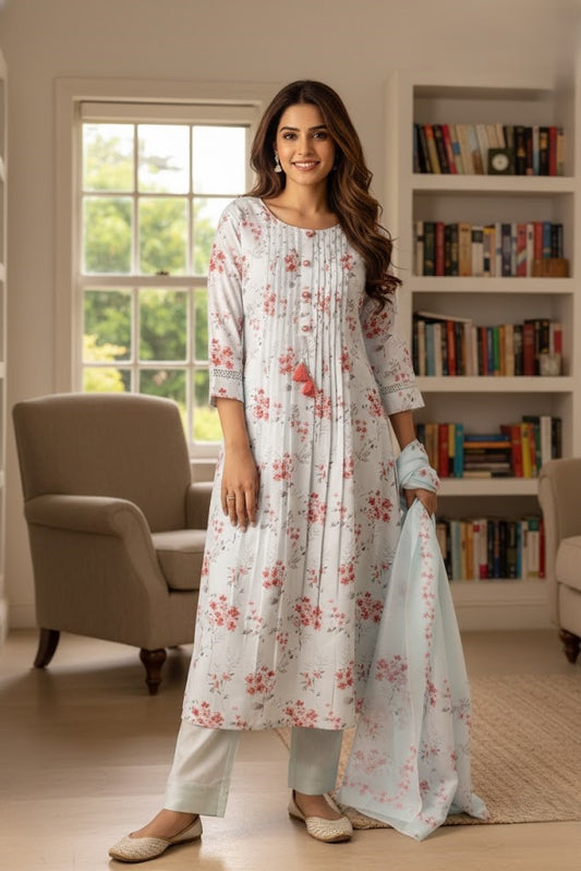 Floral Printed Linen A-Line Kurta With Trousers & Dupatta