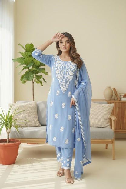 Ethnic Motifs Embroidered Thread Work Kurta with Trousers & Dupatta