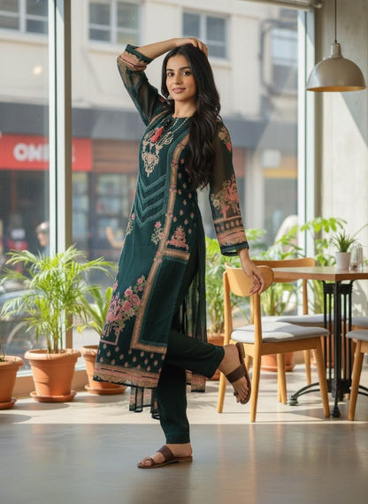 Yoke Design Printed Tie-Up Neck Straight Kurta With Trouser & Dupatta