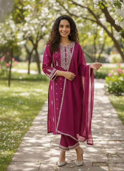 Purple Ethnic Motif Embroidered Straight Kurta & Trousers With Dupatta