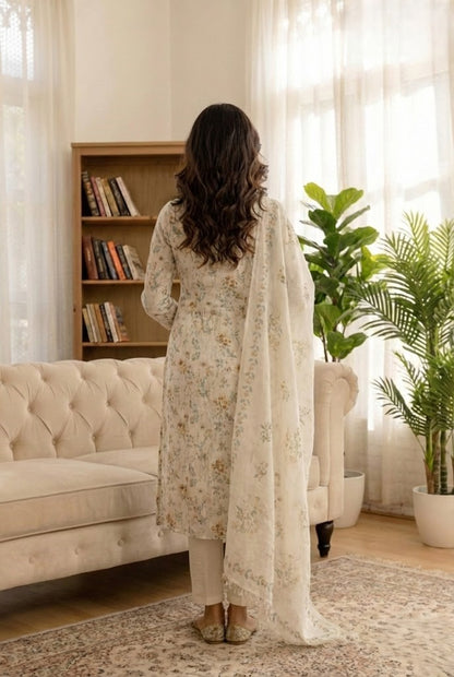 Off White Floral Printed Round Neck A-Line Kurta Trouser & Dupatta Set