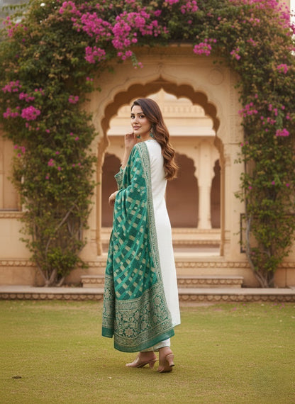 Women Embroidered Mirror Work Straight Kurta & Trouser With Dupatta