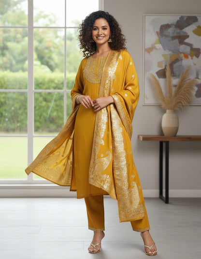 Yellow Ethnic Motifs Straight Kurta & Trousers With Dupatta