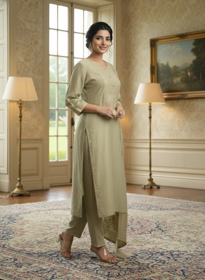 Women Ethnic Motifs Embroidered Straight Kurta With Trousers & Dupatta