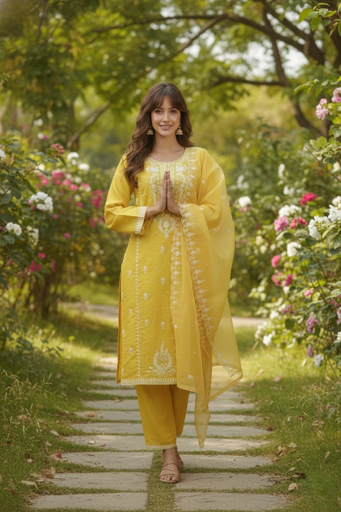 Floral Embroidered Straight Kurta With Trousers & Dupatta