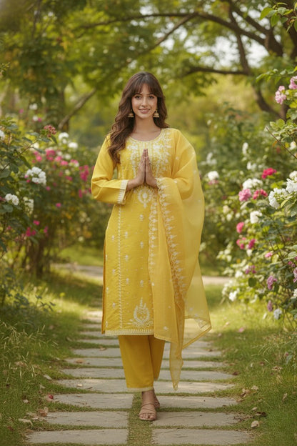 Floral Embroidered Straight Kurta With Trousers & Dupatta