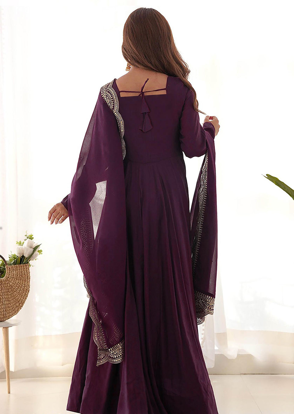 Solid Anarkali Gown With Embroidered Dupatta
