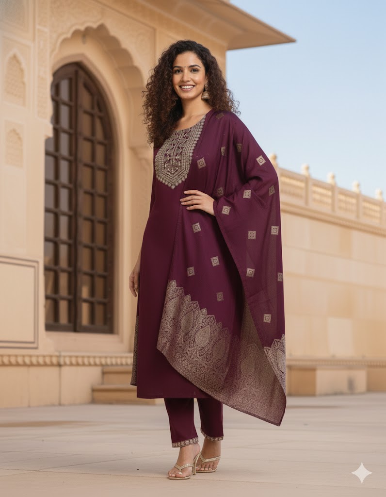 Ethnic Motifs Straight Kurta & Trousers With Dupatta