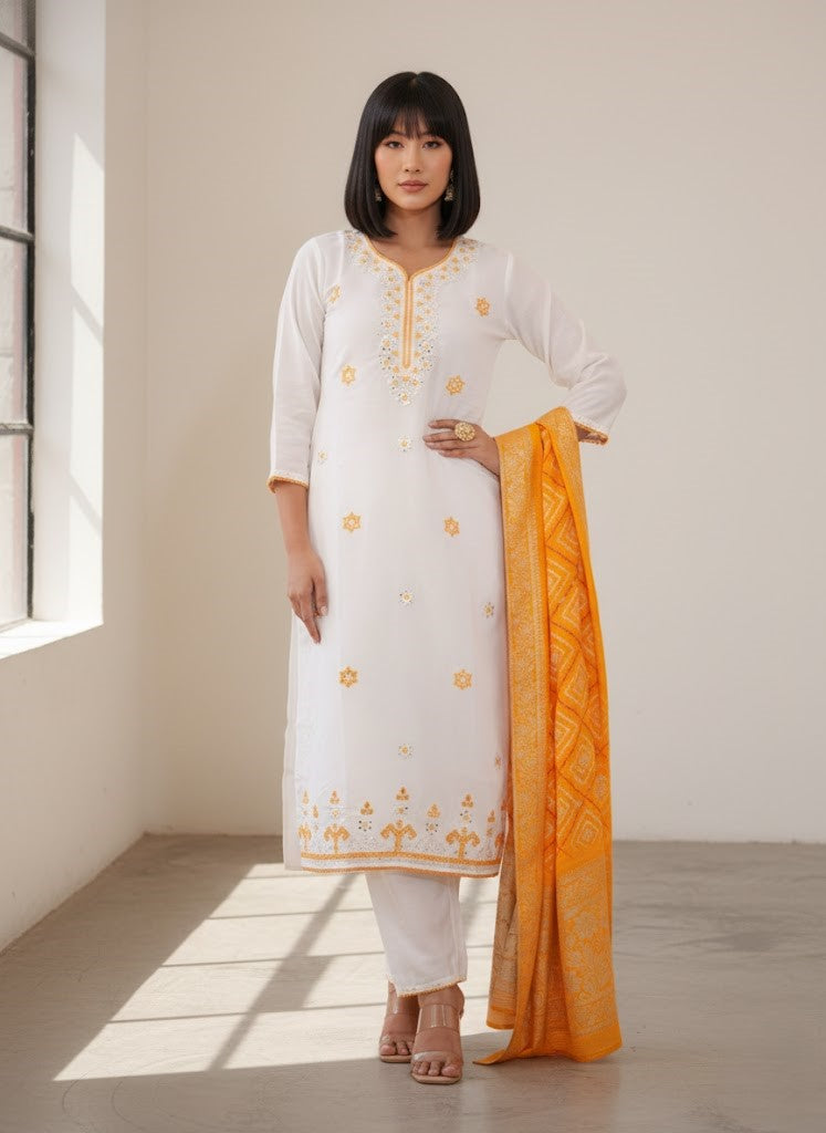 Embroidered Straight Kurta With Trouser & Dupatta