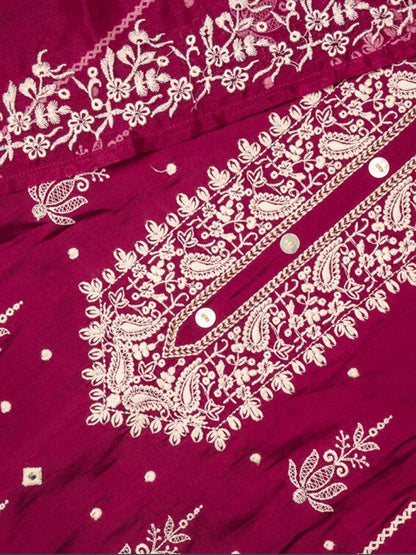 Purple Ethnic Motif Embroidered Straight Kurta & Trousers With Dupatta