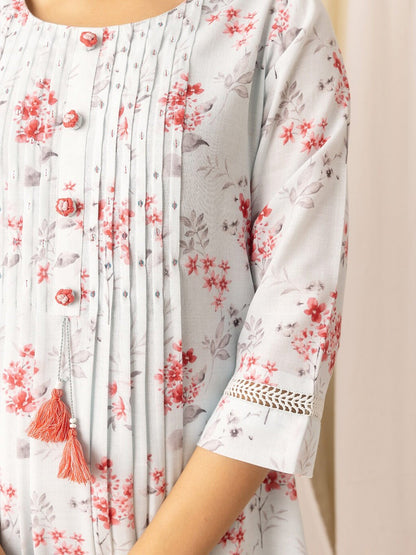 Floral Printed Linen A-Line Kurta With Trousers & Dupatta