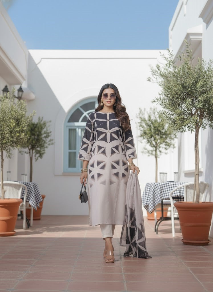 Abstract Printed Kurta & Trousers With Dupatta