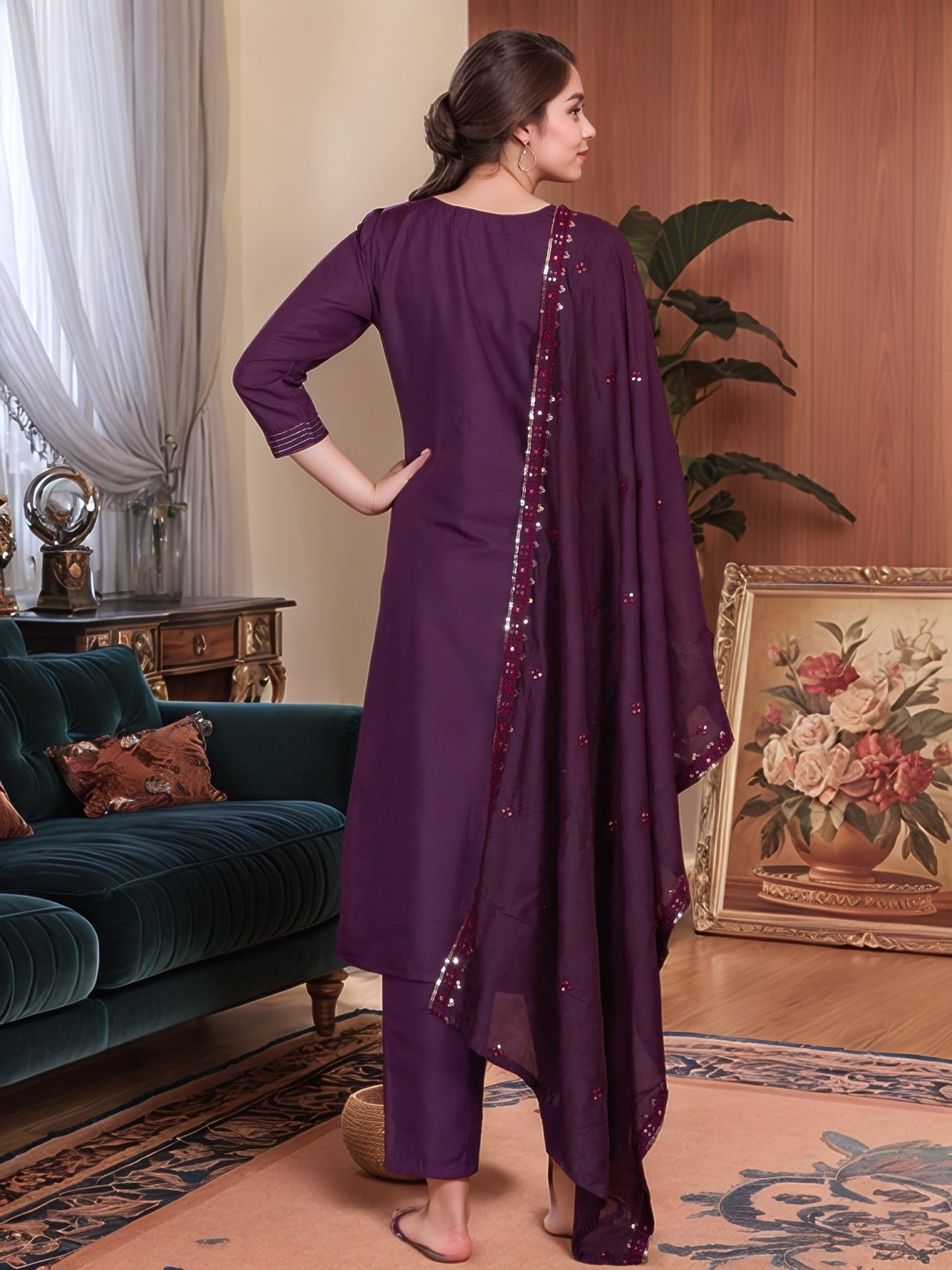 Roman Silk Embroidery Work Kurta Set