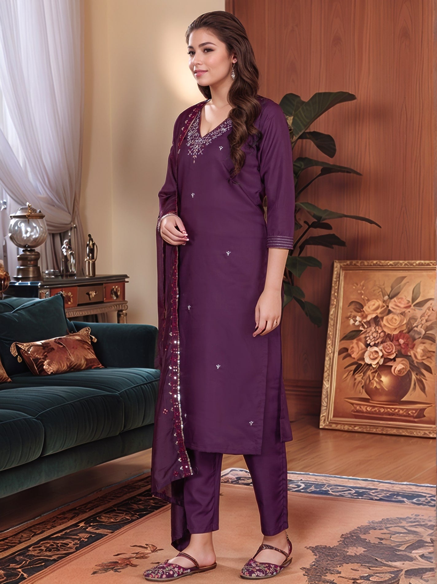 Roman Silk Embroidery Work Kurta Set