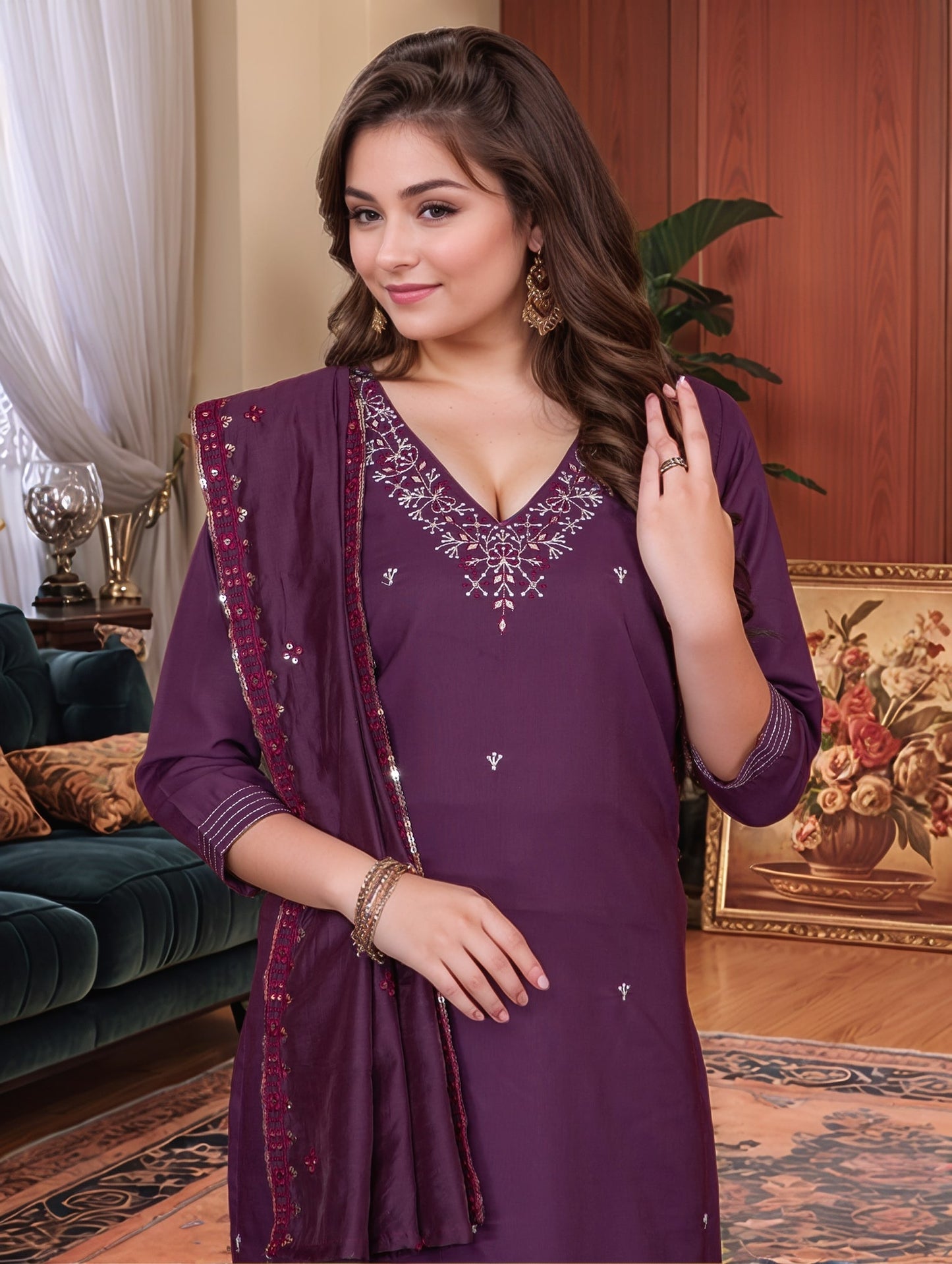 Roman Silk Embroidery Work Kurta Set