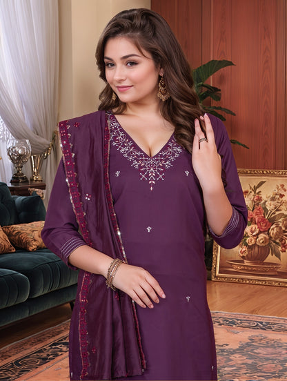 Roman Silk Embroidery Work Kurta Set