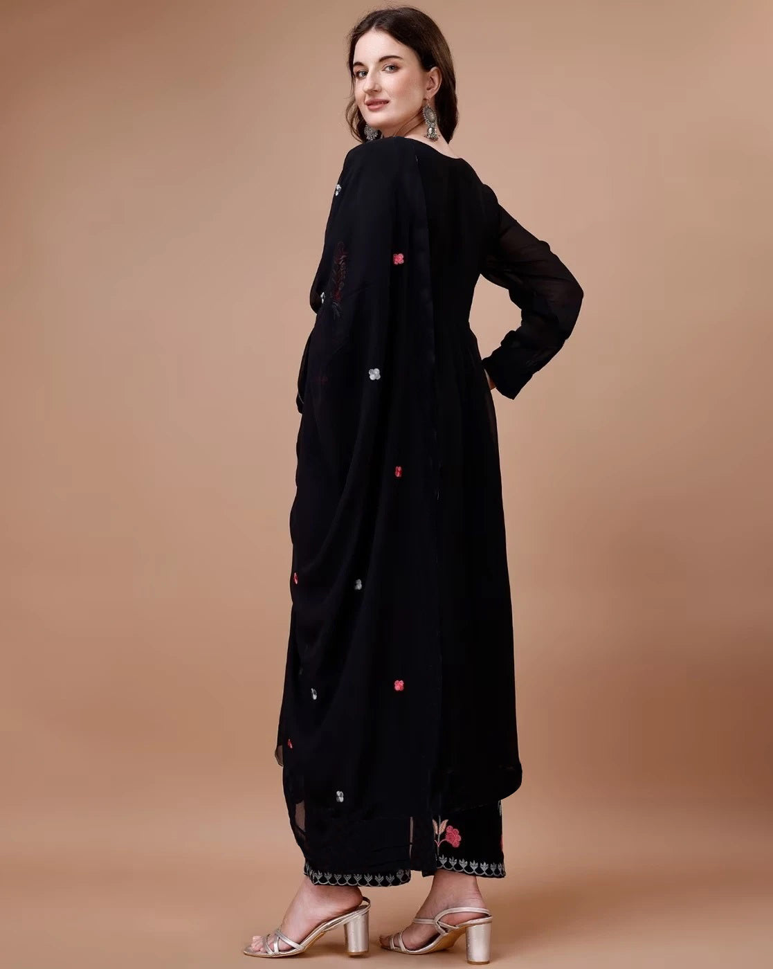 Women Georgette Kurta Palazzo Dupatta Set