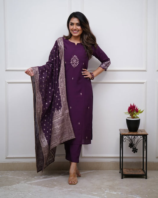 PV Chanderi Embroidered Kurti Set