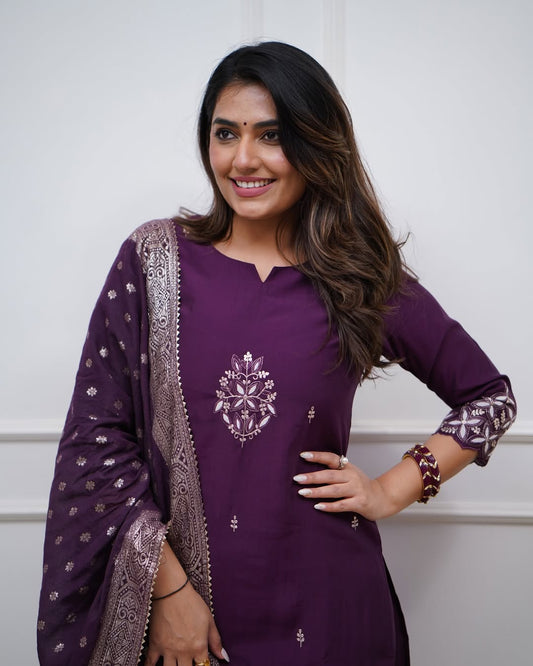 PV Chanderi Embroidered Kurti Set