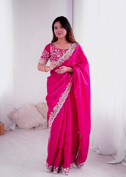 Premium Jimmy Choo With Heavy Embroidery Threads ,Codding & Sequins Work Saree