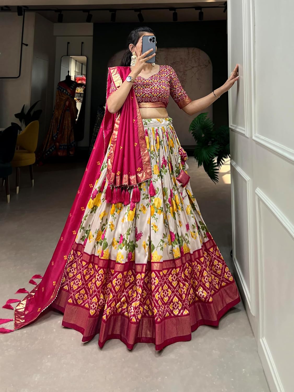 Floral Printed Lehenga Choli with Woven Border & Dupatta