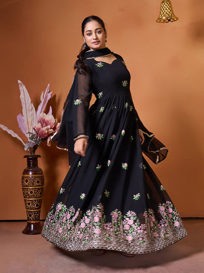 Embroidered Georgette Stitched Anarkali Gown With Dupatta