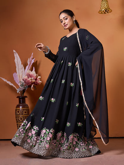 Embroidered Georgette Stitched Anarkali Gown With Dupatta