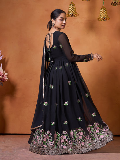 Embroidered Georgette Stitched Anarkali Gown With Dupatta